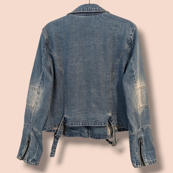Elaine Turner Medium Wash Faded Asymmetric Full Zip Denim Jean Moto Jacket Biker - Picture 2 of 10